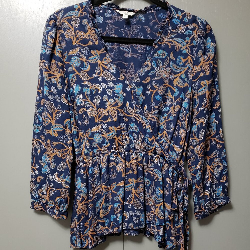 Lucky Brand Faux Wrap Floral Paisley 3/4 Sleeve Top